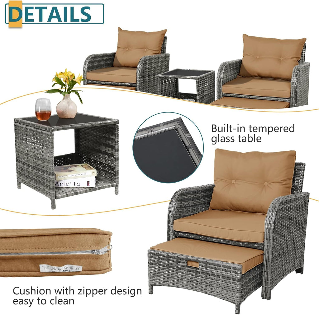 5 Pieces PE Wicker Outdoor Chairs with Ottomans, 5 PCS Rattan Patio Furniture Set with Ottoman, Patio Chairs with Ottomans for Porch Balcony Sunroom, Brown Cushion