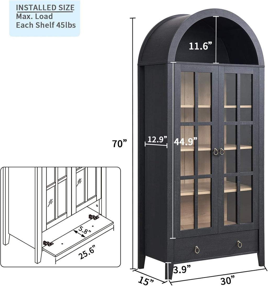 70' Tall Arched Cabinet, Modern Farmhouse Wooden Display Cabinet with Glass Doors, 6 Tier Bookshelf with Adjustable Shelves for Living Room, Office, Black