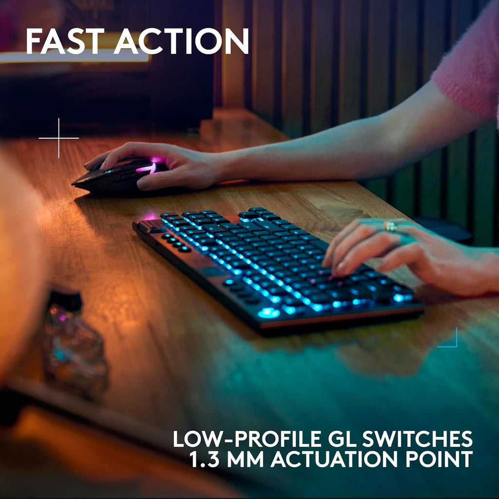 Logitech G915 X Lightspeed TKL Low-Profile Wireless Gaming Keyboard, Double-Shot PBT Keycaps, Fully Programmable Keys, RGB Backlighting, Sleek Aluminum Finishing, GL Blue Clicky - PC/Mac - Black