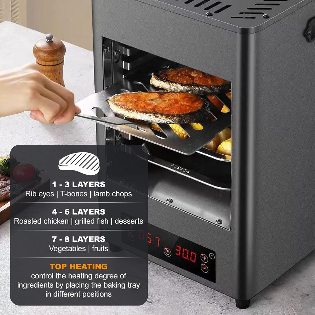 1700w Indoor Electric Steak Broiler,8-Layer Portable Countertop Oven with 30min Timing & 8 Gears 100-800℃ Temperature Adjustment (Metallic)