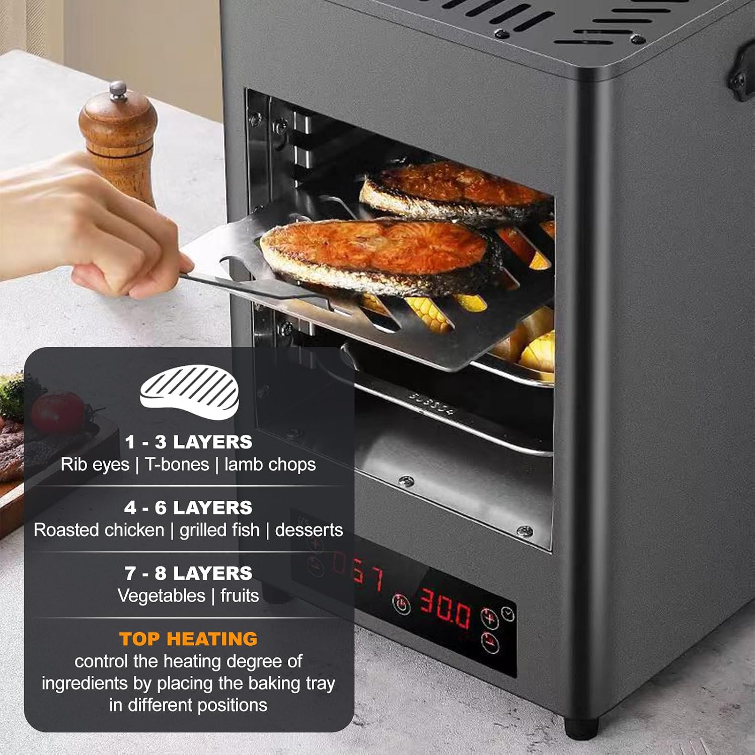 Commercial Indoor Steak Grill/Electric Steak Broiler - 30 Min Time/8 Gears Temperature Adjustable(100-800℃),8-Layer Portable Countertop (Grey)