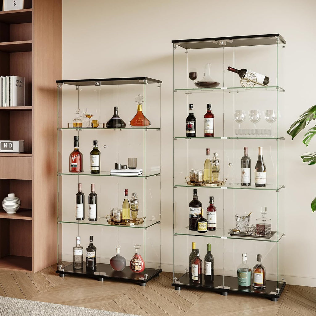 ROOMTEC Glass Display Cabinet with 5 Shelves, Double Doors, Floor Standing Display Cage, for Living Room Bedroom Office, 74.5 x 31.7 x 14.3 in, Black
