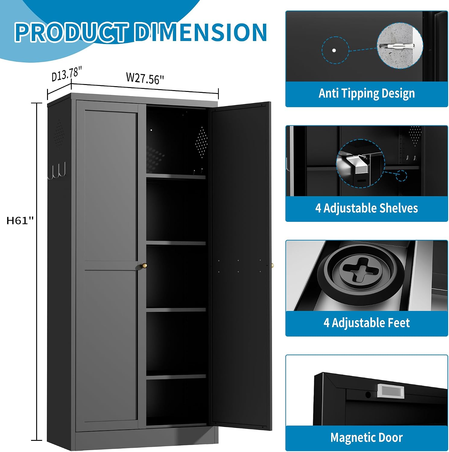 5-Tier Black Steel Pantry Storage Cabinet with 2 Doors & 4 Adjustable Shelves, Tall Metal Cabinets for Kitchen, Living Room, Garage, Heavy Duty Freestanding Utility Cabinet, Assembly Require