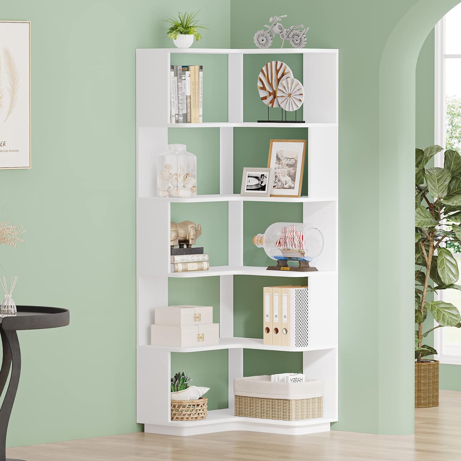Tribesigns 6-Tier Corner Bookshelf, 64.9 Inches Tall Corner Book Shelf with Anti-Drop Panel, Modern Bookcase with Storage, Wood Display Shelving Unit for Home Office, Living Room, White