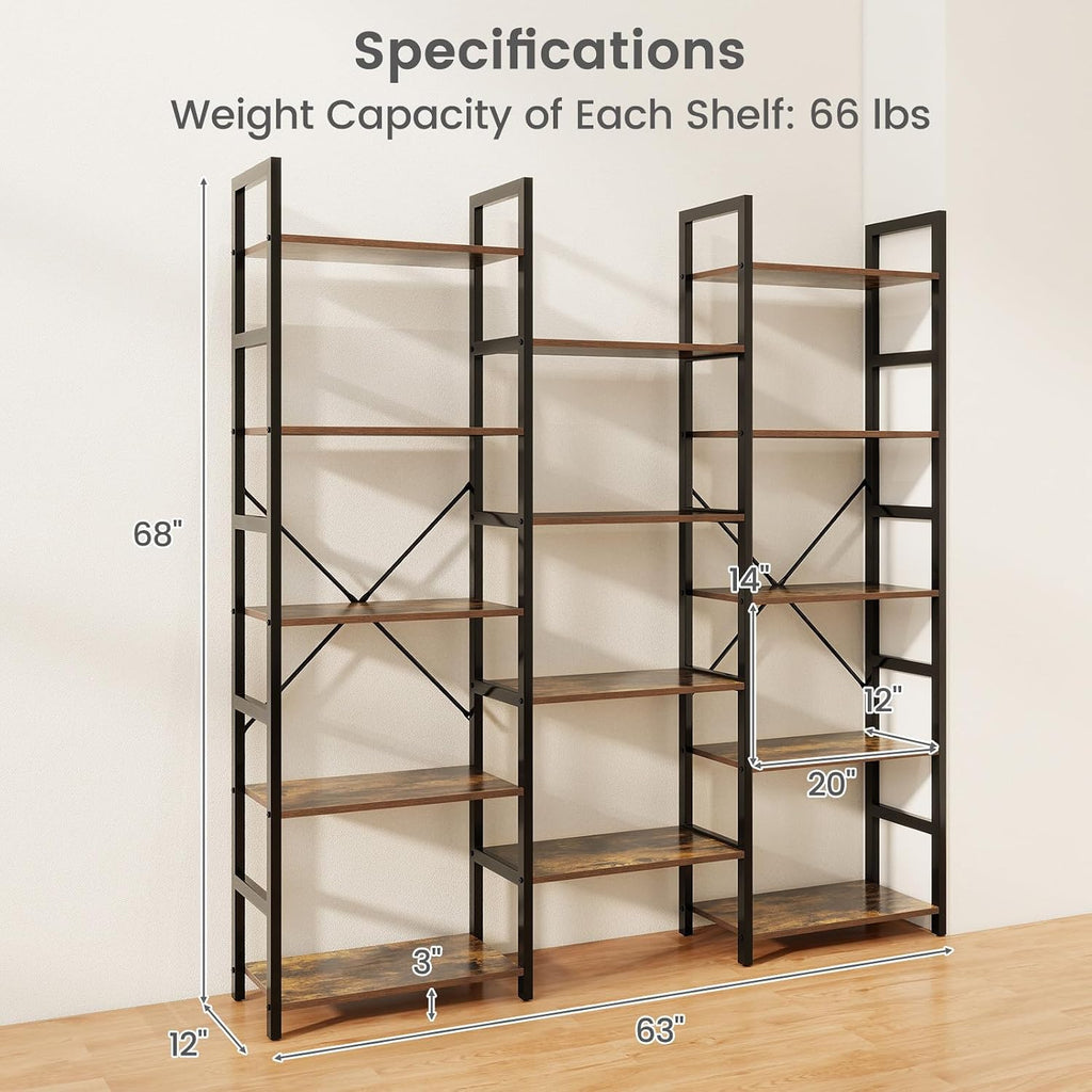 Giantex 5-Tier Industrial Bookshelf, Triple Wide Heavy-Duty Metal Frame Bookcases w/ 14 Open Shelves, Large Floor Standing Display Shelf Rack w/Anti-tip Kits, Storage Shelf for Living Room Study