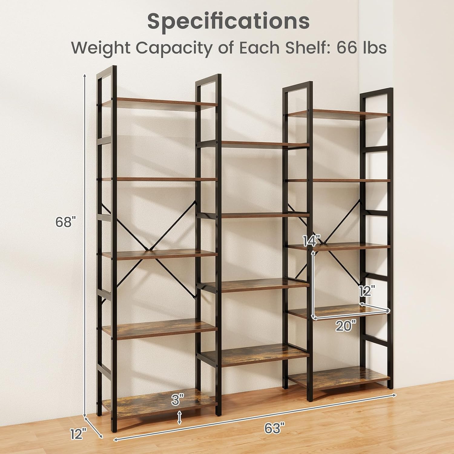 Giantex 5-Tier Industrial Bookshelf, Triple Wide Heavy-Duty Metal Frame Bookcases w/ 14 Open Shelves, Large Floor Standing Display Shelf Rack w/Anti-tip Kits, Storage Shelf for Living Room Study