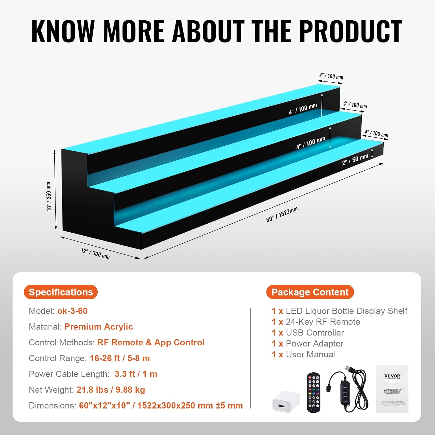 VEVOR LED Lighted Liquor Bottle Display Shelf, 3 Tiers 60 Inches, Supports USB, Illuminated Home Bar Shelf with RF Remote & App Control 7 Static Colors 1-4 H Timing, Acrylic Light Shelf