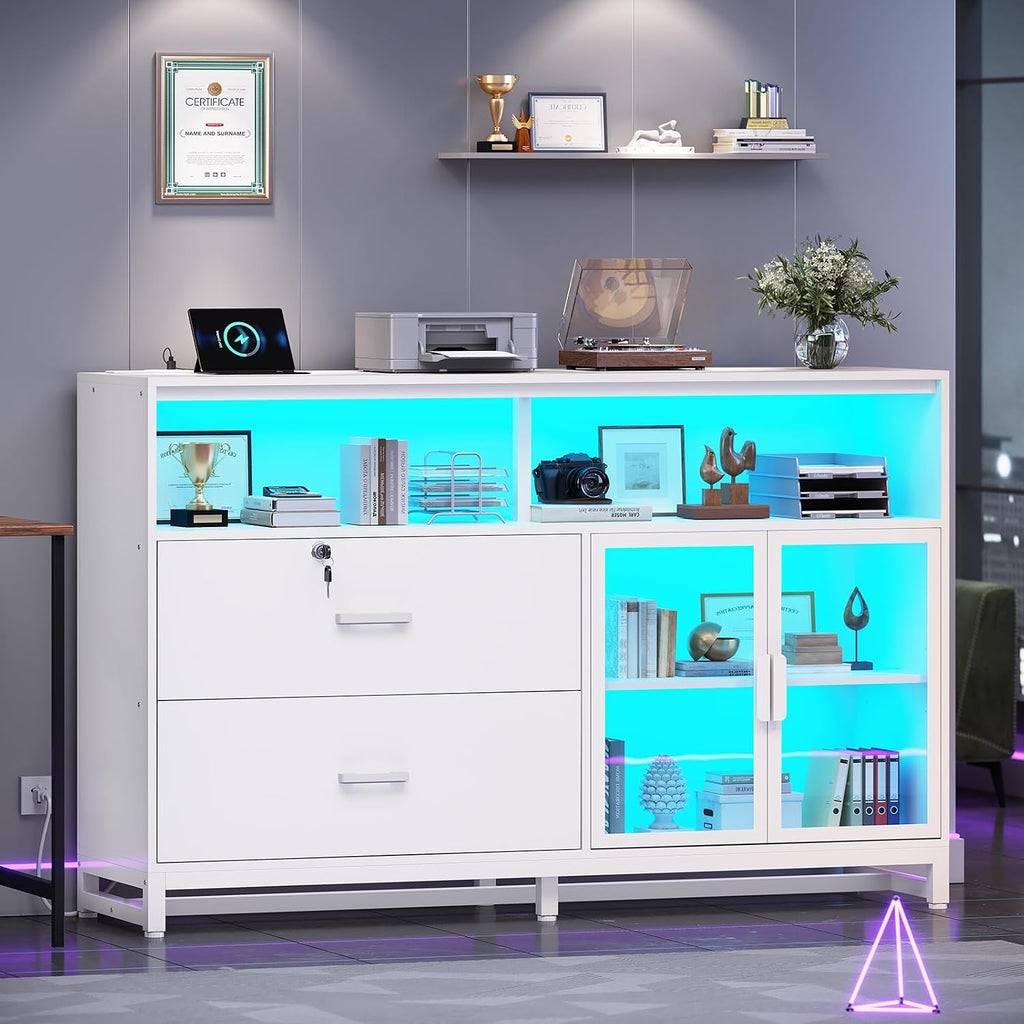 SEDETA 59' File Cabinet, 2 Drawers Filing Cabinets for Home Office fit Legal/Letter/A4 File, File Cabinet with Lock & Power Outlets, Printer Stand with Storage & LED Lights, White