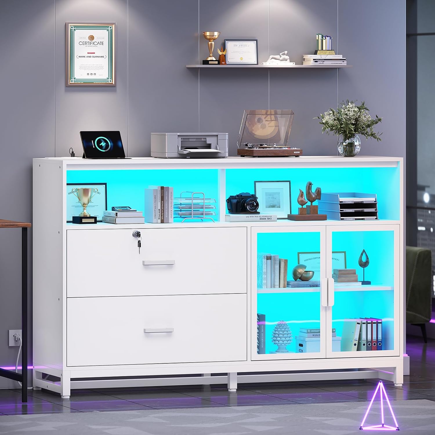 SEDETA 59' File Cabinet, 2 Drawers Filing Cabinets for Home Office fit Legal/Letter/A4 File, File Cabinet with Lock & Power Outlets, Printer Stand with Storage & LED Lights, White