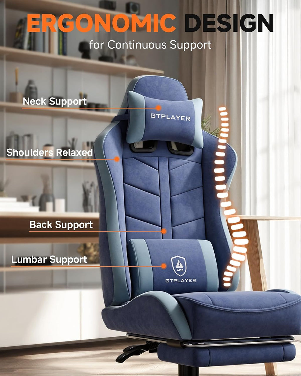 GTPLAYER Gaming Chair for Adults, Ergonomic Computer Gaming Chair with Footrest, Height Adjustable, 90-155° Recline & Removable Headrest Lumbar Support, Blue