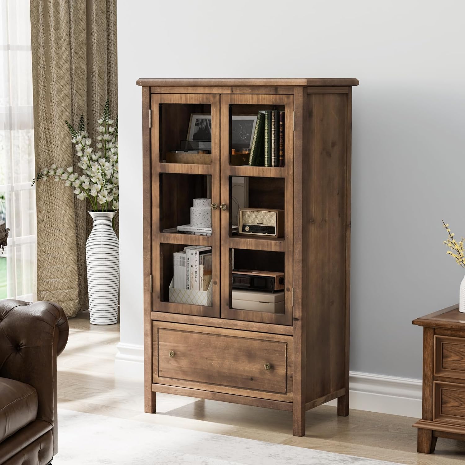 VINGLI Rustic Storage Cabinet with Glass Doors & Drawer, Solid Wood Leg, Walnut Finish Showcase