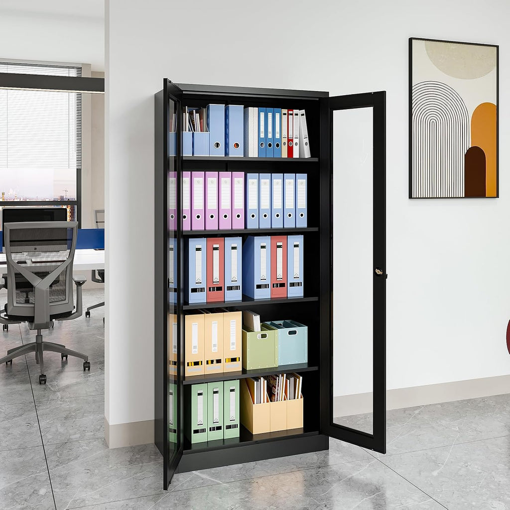 Display Cabinet with Glass Doors, Display Case Cabinet for Collectibles, Curio Display Cabinet with 4 Adjustable Shelves, 71'' Glass Display Cabinet for Home Office (Black), MSC-0818