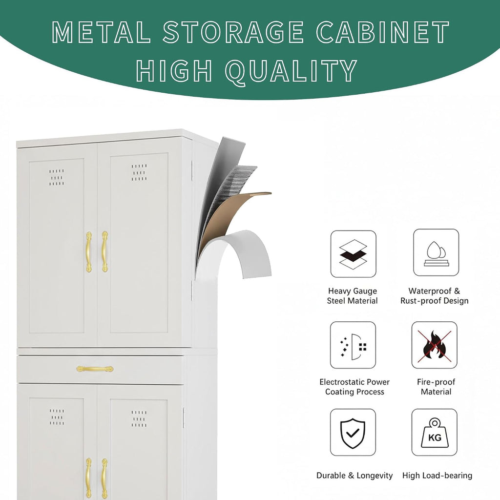 YITAHOME 71' Metal Kitchen Pantry Storage Cabinet with 4 Doors, 4 Adjustable Shelves, 1 Drawer and 8 Door Racks, Tall Freestanding Steel Cupboard for Home Kitchen Living Dining Room, White