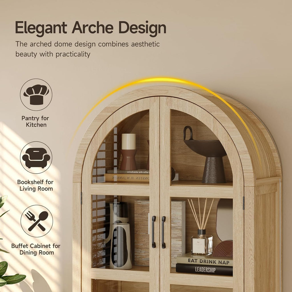 ONBRILL 71' Tall Arched Cabinet, 5-Tier Arched Kitchen Pantry with Glass Doors & Shelves, Modern Display Storage Cabinets with Adjustable Feet, Wooden Pantry Cabinet for Living Room, Dining Room