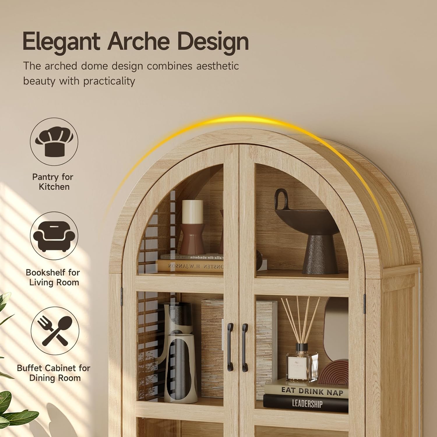 ONBRILL 71' Tall Arched Cabinet, 5-Tier Arched Kitchen Pantry with Glass Doors & Shelves, Modern Display Storage Cabinets with Adjustable Feet, Wooden Pantry Cabinet for Living Room, Dining Room