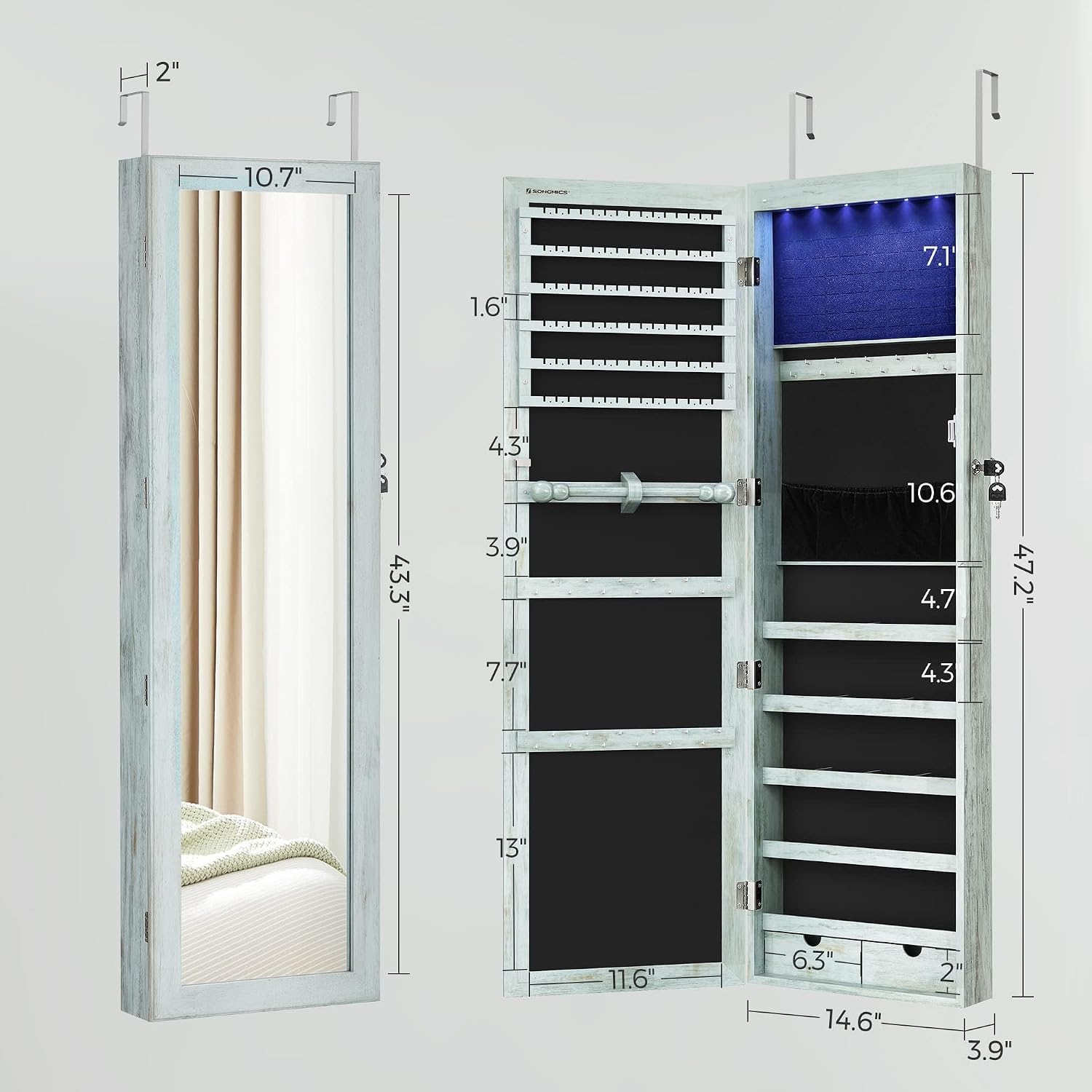 SONGMICS 6 LEDs Mirror Jewelry Cabinet, 47.2-Inch Tall Lockable Wall or Door Mounted Jewelry Armoire Organizer with Mirror, 2 Drawers, 3.9 x 14.6 x 47.2 Inches, Rustic Green UJJC93UJ