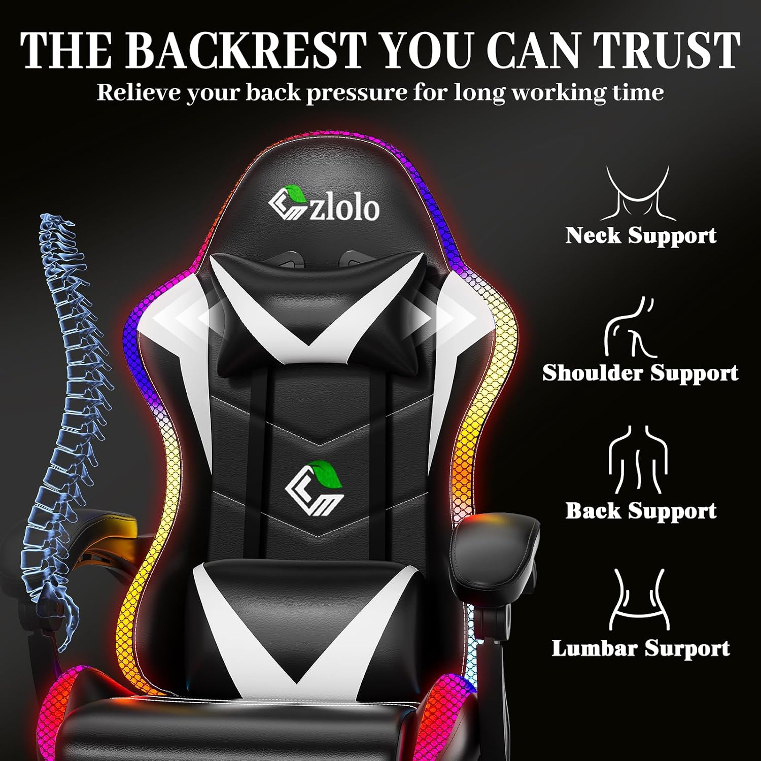 Czlolo Gaming Chair, Racing Style RGB LED Lights Gaming Chairs for Adults and Kids, Lumbar Massager Gamer Chair, High Back Reclining Computer Chair with Footrest and Headrest (Black/White)
