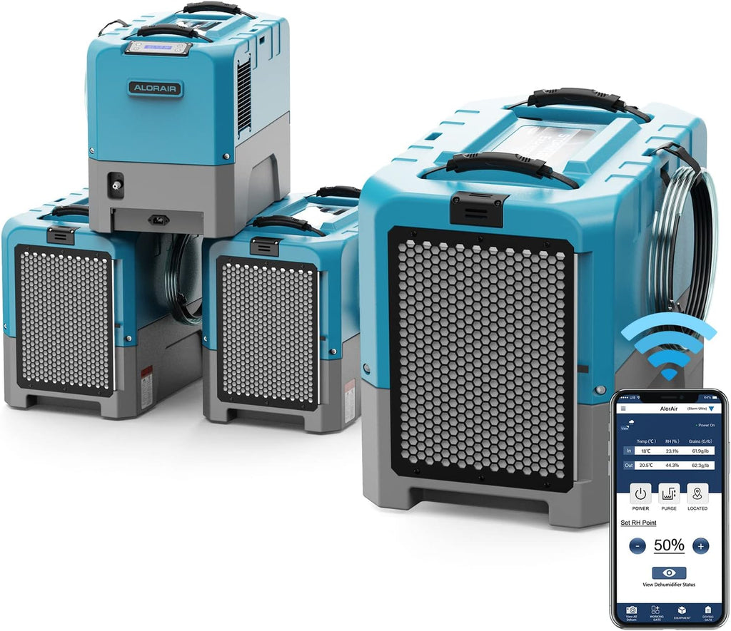 ALORAIR 180 PPD Commercial Dehumidifiers with Smart WiFi, Crawl Space Basement dehumidifier with Pump, Industry Water Damage Unit, Compact, Portable, Memory Starting, (Pack of 4) Blue