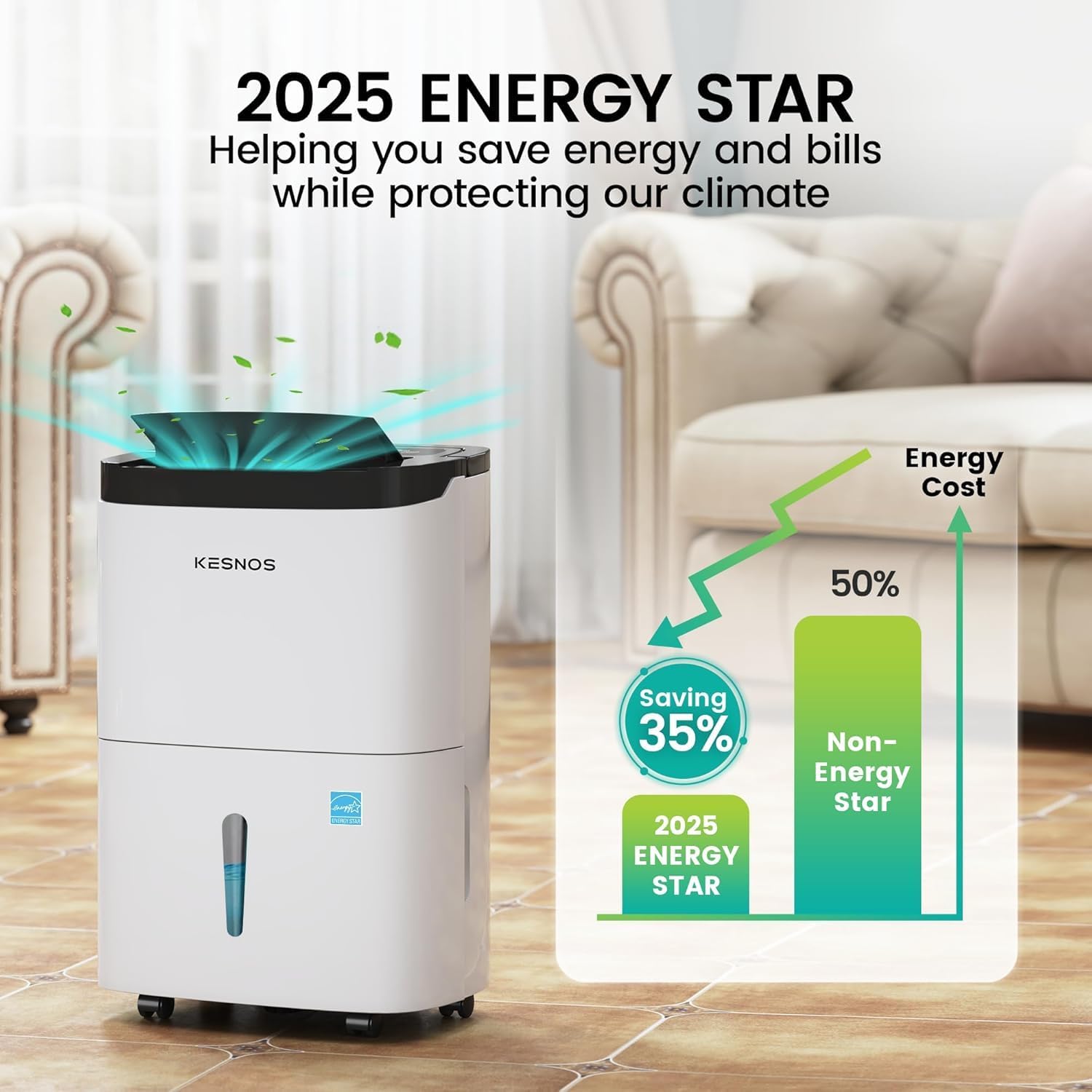 Kesnos 80 Pints 2025 Energy Star Dehumidifier for Home & Basement with Drain Hose, Ideal for Large Spaces up to 5,500 Sq. Ft., Featuring Auto Defrost & Self-Drying Function
