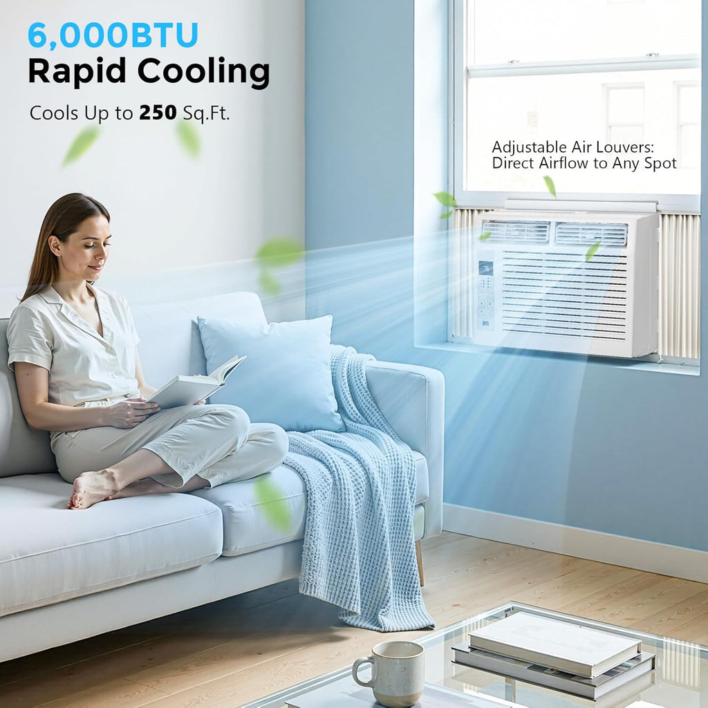 Electactic Window Air Conditioner 6,000 BTU, Window Type AC Unit with Cooling, Dry Mode, 4 Fan Speeds, 24-H Timer, Sleep Mode, Cooling for 250sq.ft Bedroom, Living Room, Office