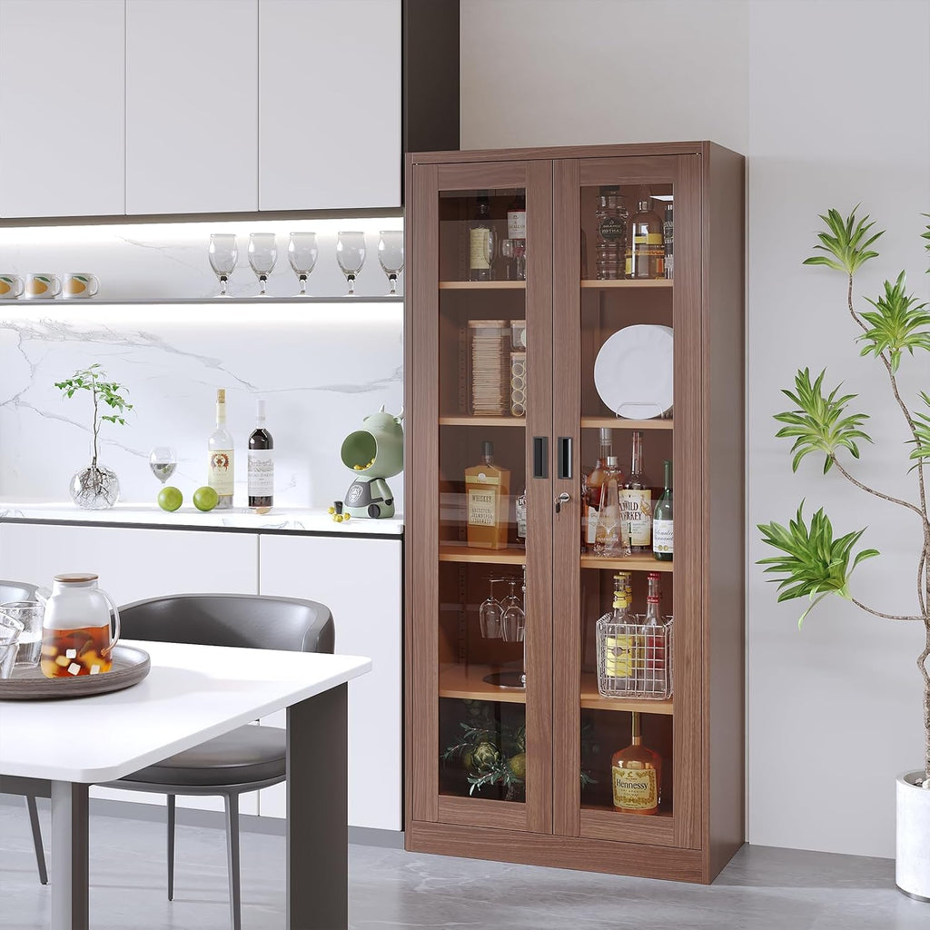 Display Cabinet with Glass Doors, Display Case Cabinet for Collectibles, Curio Display Cabinet with 4 Adjustable Shelves, 71' Glass Display Cabinet for Home Living Room (Wood Color)