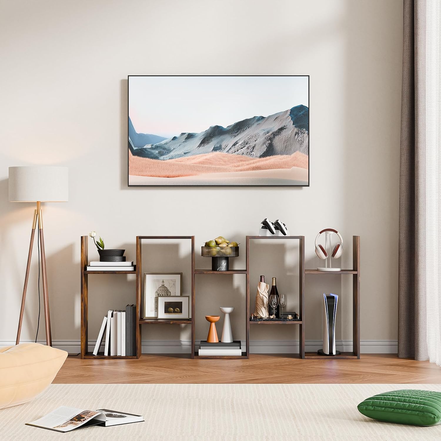 Cozy Castle Set of 2 Geometric Bookcase, S-Shaped Modern Bookshelf, Room Divider Bookshelf, 62' Tall Unique Abstract Bookcase with 5-Tier Display Shelf for Living Room Office, Rustic Brown