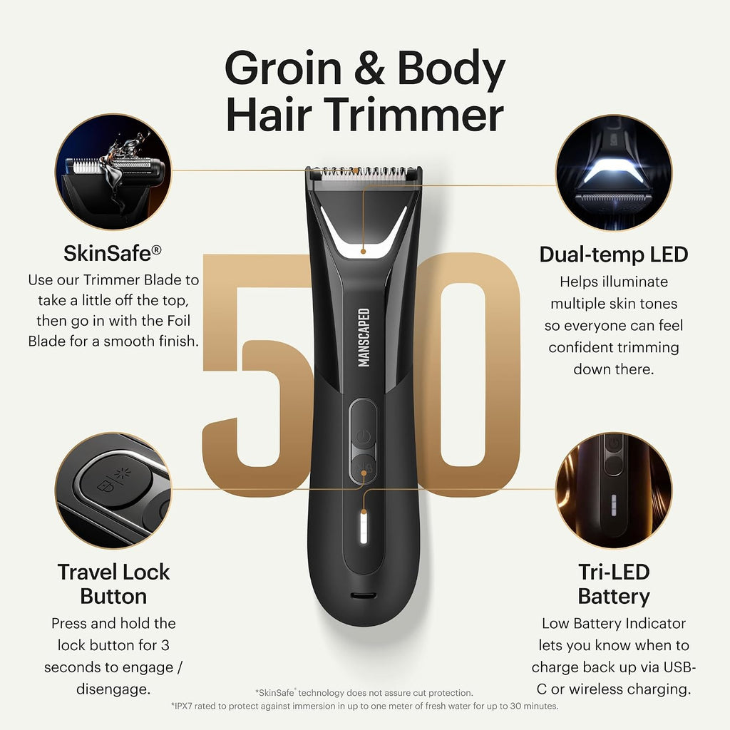 MANSCAPED® The Lawn Mower® 5.0 Ultra Groin & Body Hair Trimmer – Dual-Head SkinSafe® Trimmer & Foil Blades, Waterproof Wet/Dry Groomer, USB-C Rechargeable with Travel Case, Men's Ball Shaver, Black