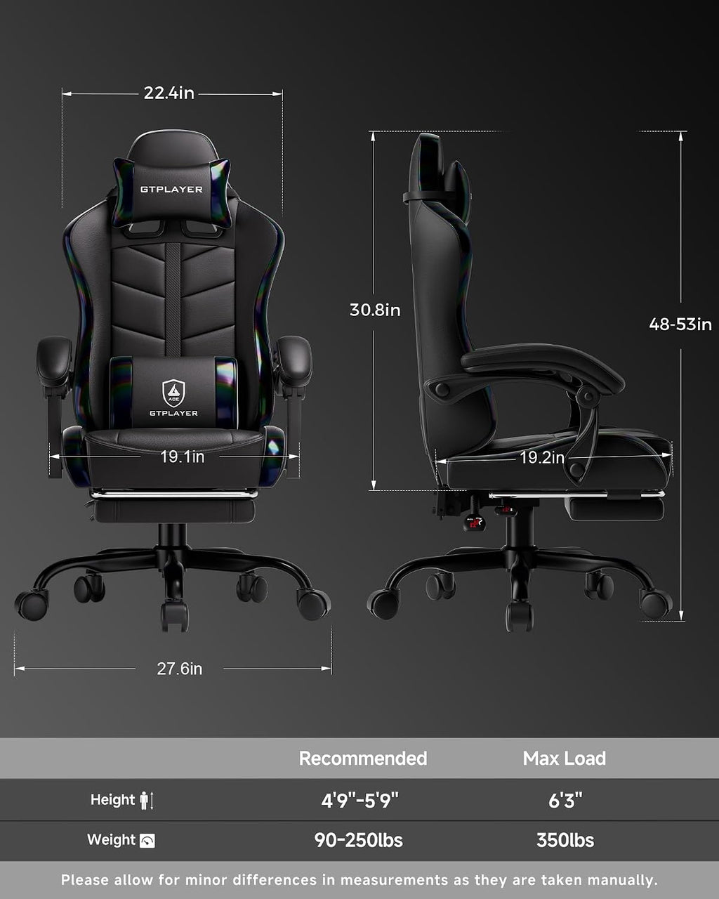 GTPLAYER Gaming Chair for Adults, Ergonomic Computer Gaming Chair with Footrest, Height Adjustable, 90-155° Recline & Removable Headrest Lumbar Support, Colorful Black