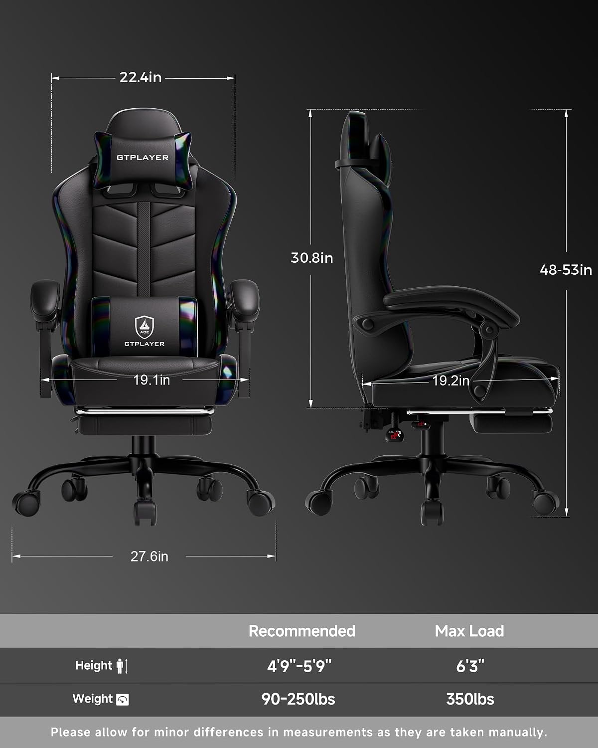 GTPLAYER Gaming Chair for Adults, Ergonomic Computer Gaming Chair with Footrest, Height Adjustable, 90-155° Recline & Removable Headrest Lumbar Support, Colorful Black