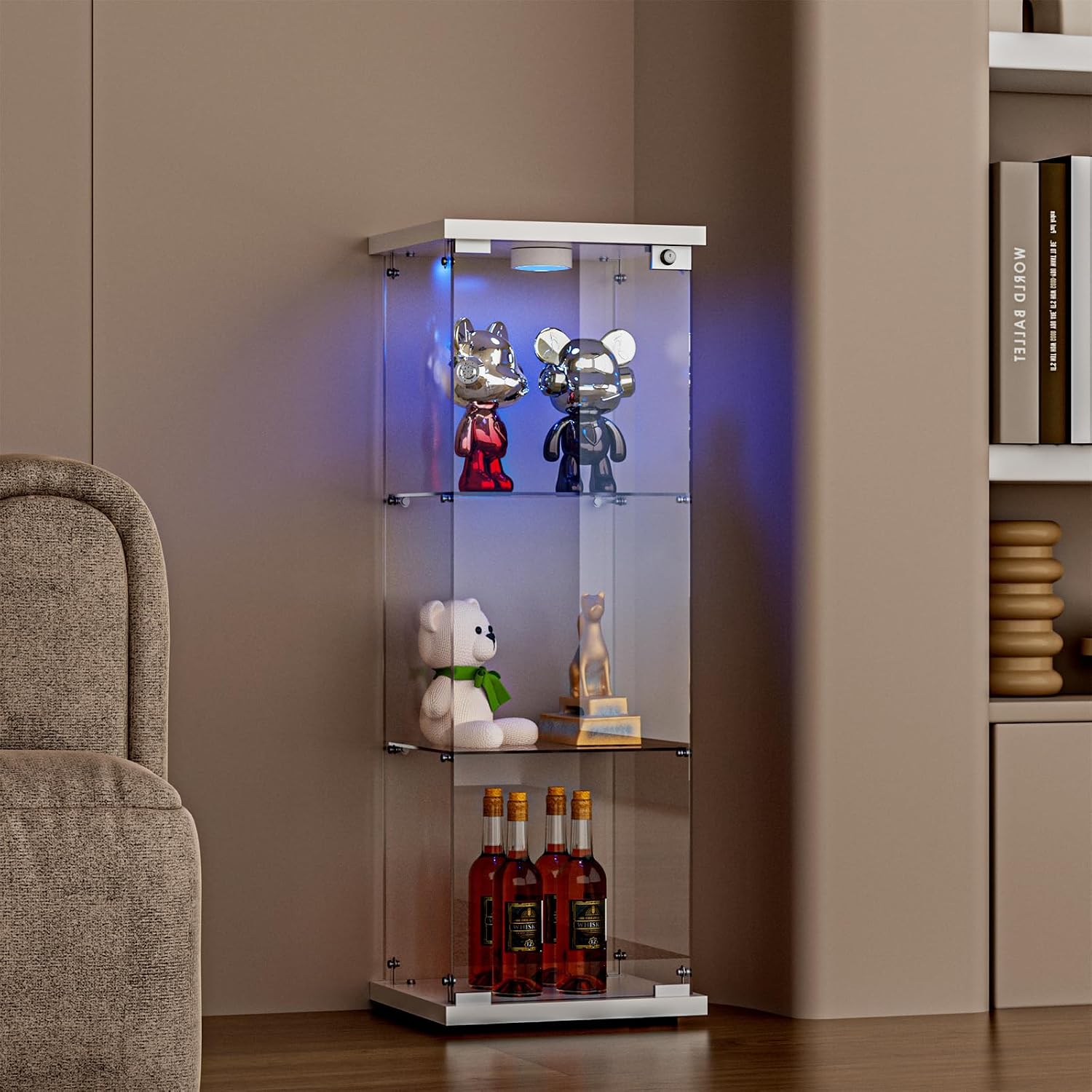FANYUSHOW 3-Shelf Glass Display Cabinet with LED Light, Upgraded Quick-Install Style Curio Cabinets 5mm Tempered Glass Bookshelf for Bedroom, Living Room 49.1'x 16.7'x 14.3' White