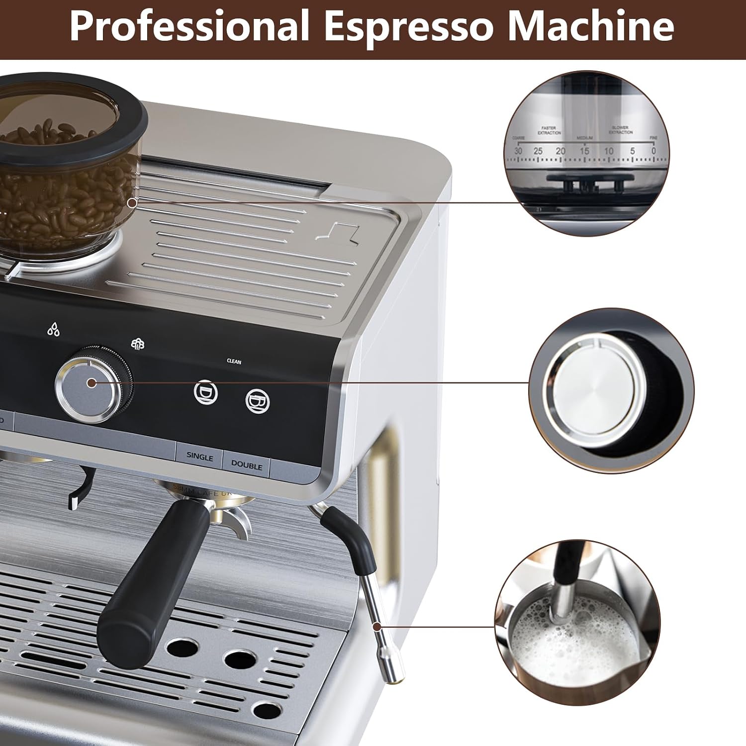 Acekool 20 Bar Espresso Machines with Grinder, Professional Espresso Maker with Removable Water Tank, Milk Frother Steam Wand for Latte&Cappuccino (Silver)