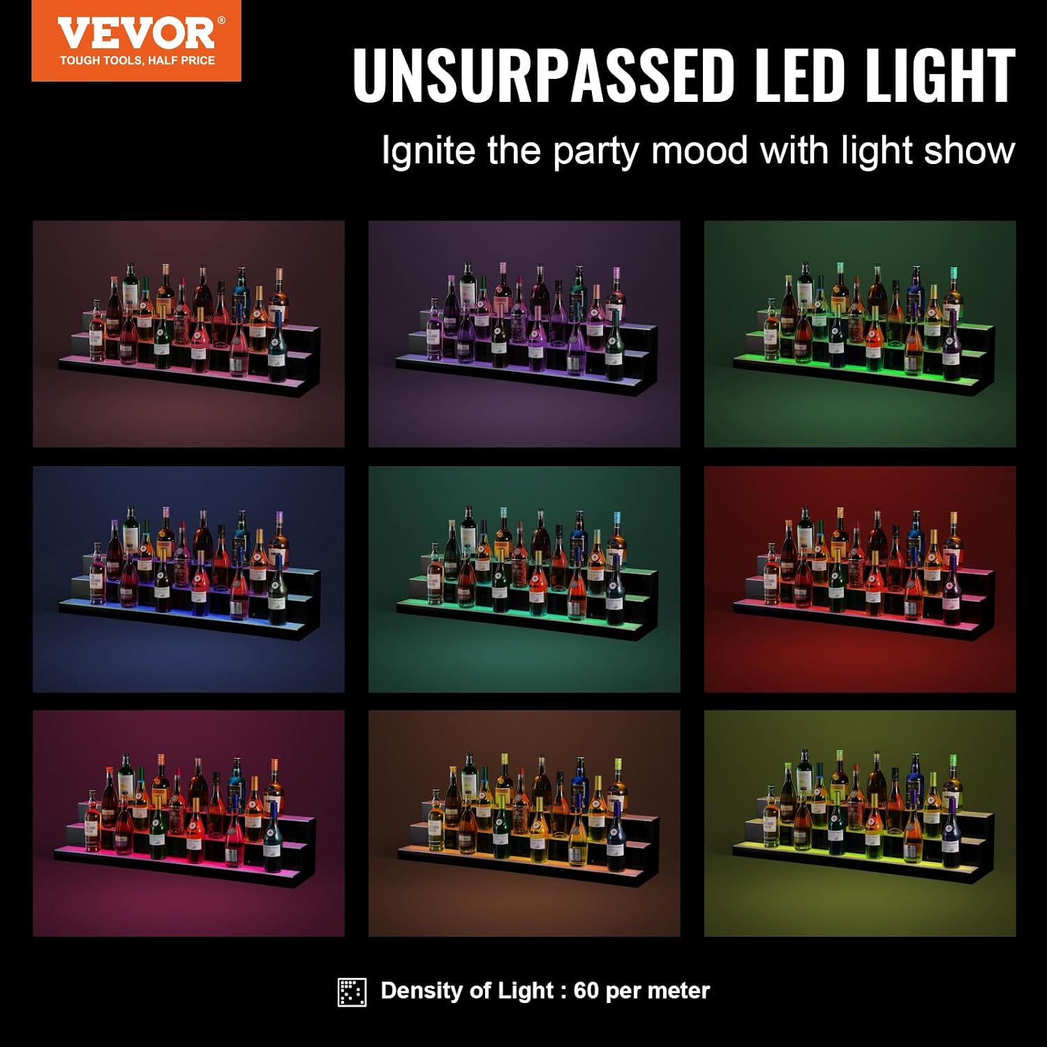VEVOR LED Lighted Liquor Bottle Display, 3 Tiers 48 Inch Commercial Illuminated Home Bar Shelf, 3 Steps Whiskey Rack Stand, Acrylic Drink Shelves with RF Remote & App Control, and Multicolor Light