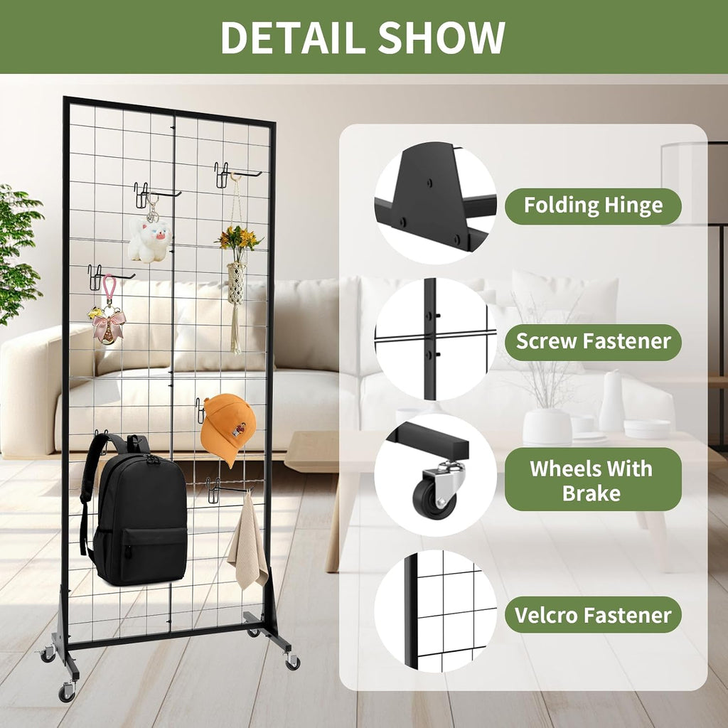 2' x 5.5' Grid Wall Panels Standing Wire Grid, Study Display Rack with T-Base Wheels Freestanding Gridwall Panel Tower for Shows, Black (4) (4)