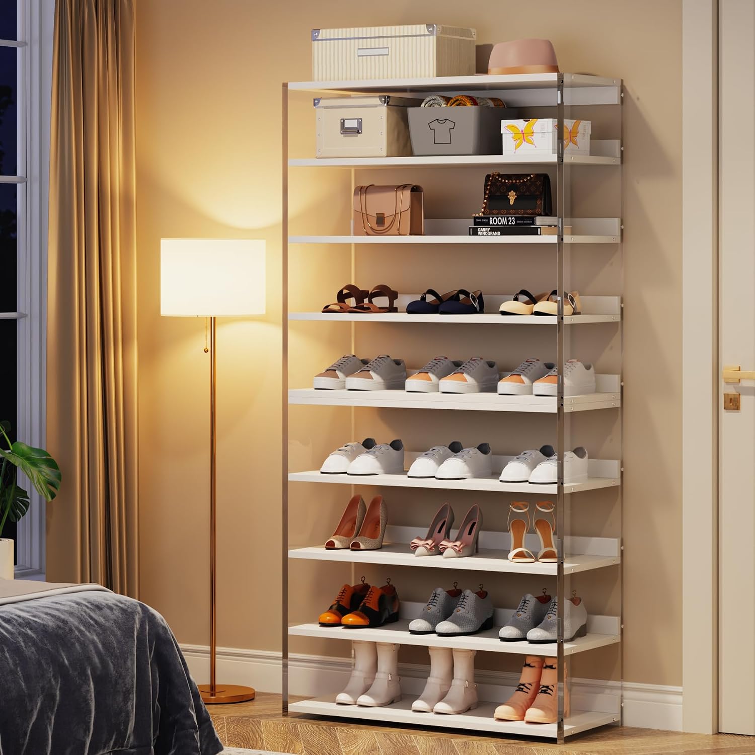 Tribesigns 8-Tier Acrylic Shoe Rack, Modern Shoe Storage with Wood Shelves, 63' Shoe Organizer Display Shelf for 24-32 Pairs, Space-Saving, White & Transparent (1)