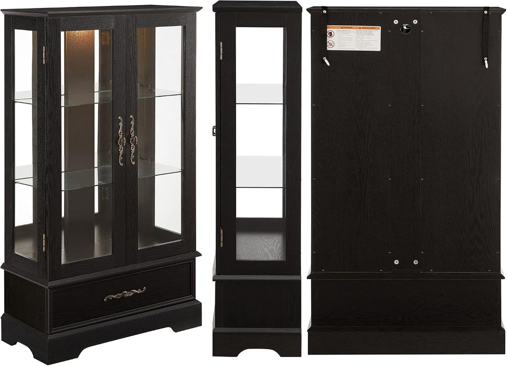 3-Tier Lighted Glass Curio Display Cabinet, 47' H Glass Accent Storage Cabinet with Adjustable Shelves & 1 Drawer, Wooden Wine Display Case with Mirrored Back Panel for Living Room (Black)