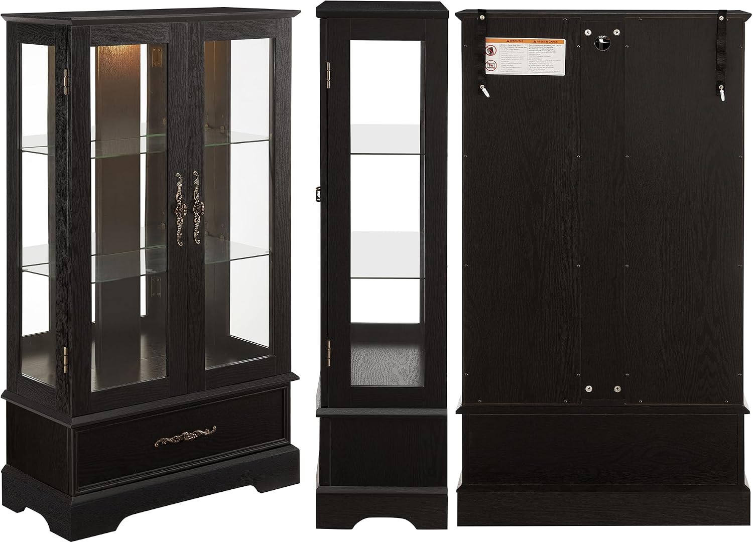 3-Tier Lighted Glass Curio Display Cabinet, 47' H Glass Accent Storage Cabinet with Adjustable Shelves & 1 Drawer, Wooden Wine Display Case with Mirrored Back Panel for Living Room (Black)