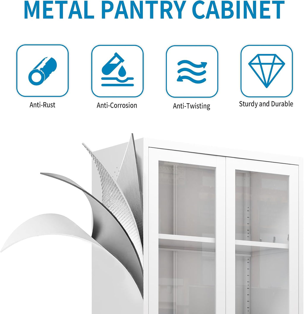 Full Glass Door Steel Pantry Cabinet 71' Tall Metal Kitchen Storage Organizer with Adjustable Shelves, Double Glass Doors Storage Cabinet for Kitchen, Dining Room, Garage, Assembly Required