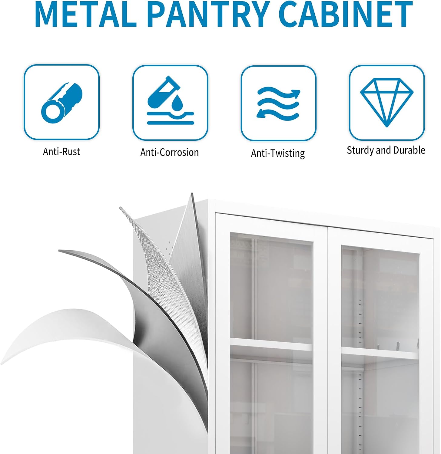 Full Glass Door Steel Pantry Cabinet 71' Tall Metal Kitchen Storage Organizer with Adjustable Shelves, Double Glass Doors Storage Cabinet for Kitchen, Dining Room, Garage, Assembly Required