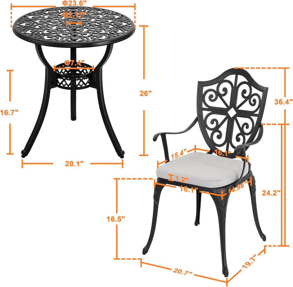 NUU GARDEN 3-Piece Outdoor Bistro Set, Cast Aluminum Patio Bistro Table and Chairs with Umbrella Hole and Grey Cushions, Bistro Set for Patio and Backyard, Black