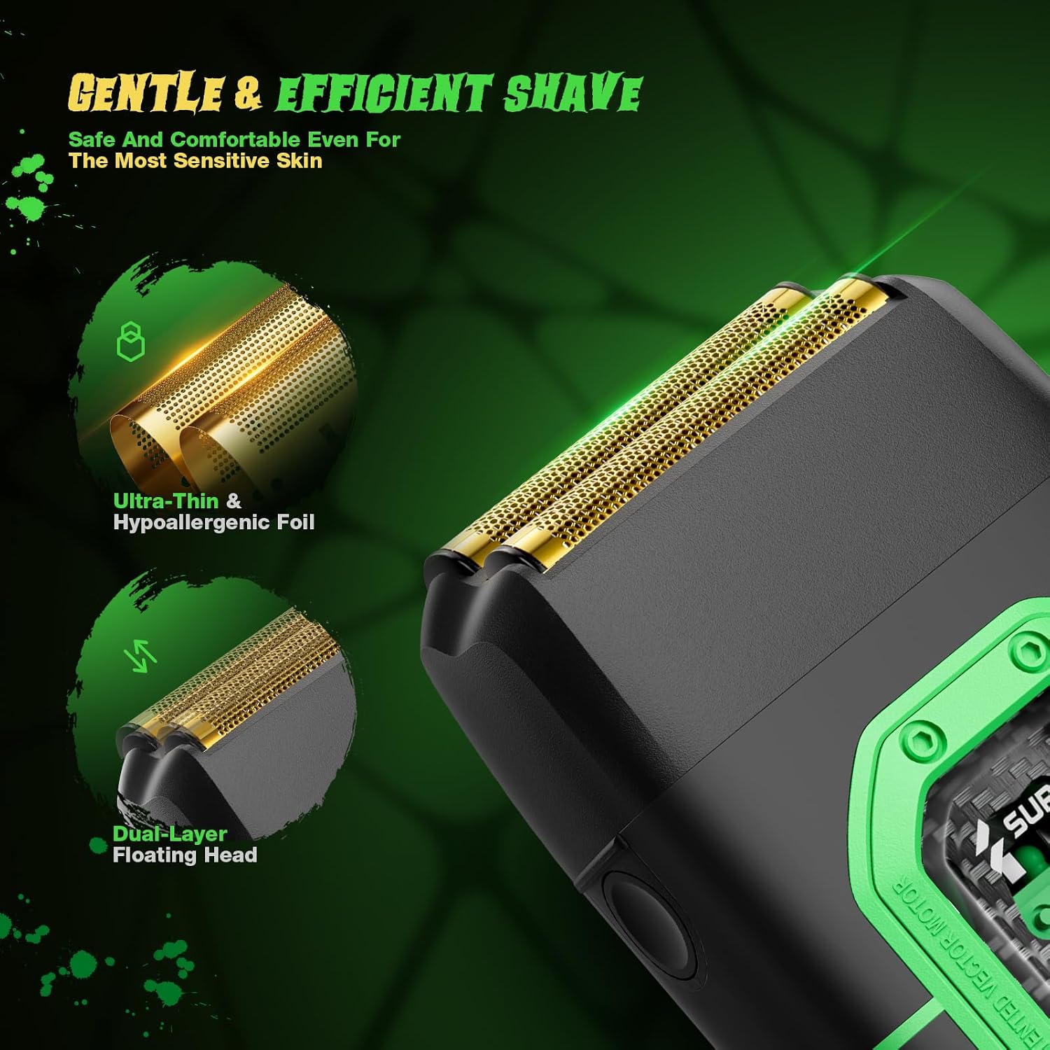 SUPRENT Fangs Professional Foil Shaver, 13000RPM Vector Motor Electric Razor for Head, Beard, & Neck, Portable Close Face Shaver with Type-C Rechargeable