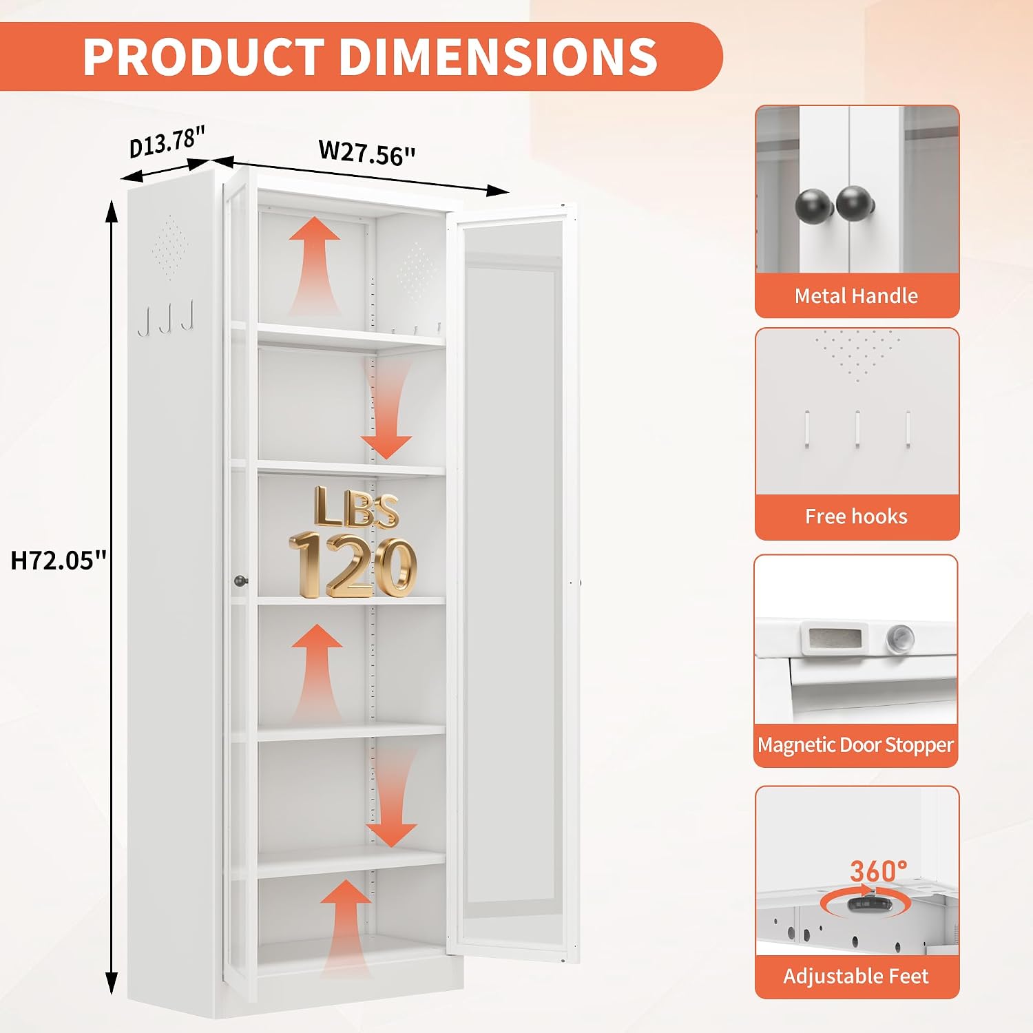 72' Metal Storage Cabinets with Glass Doors and 5 Shelves,White Kitchen Pantry Cabinet,Freestanding Steel Cupboard Display Cabinets for Kitchen,Living,Dining Room,Bathroom,Assembly Required