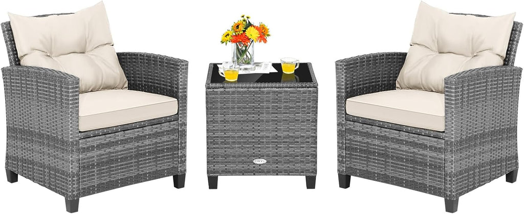 Tangkula 3 Pieces Patio Furniture Set, PE Rattan Wicker 3 Pcs Outdoor Sofa Set w/Washable Cushion and Tempered Glass Tabletop, Conversation Furniture for Garden Poolside Balcony (Mix Grey-White)