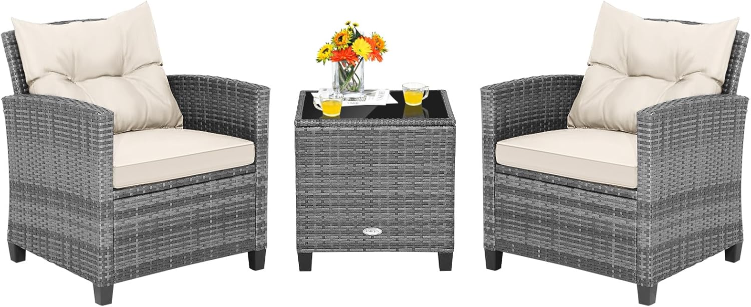 Tangkula 3 Pieces Patio Furniture Set, PE Rattan Wicker 3 Pcs Outdoor Sofa Set w/Washable Cushion and Tempered Glass Tabletop, Conversation Furniture for Garden Poolside Balcony (Mix Grey-White)