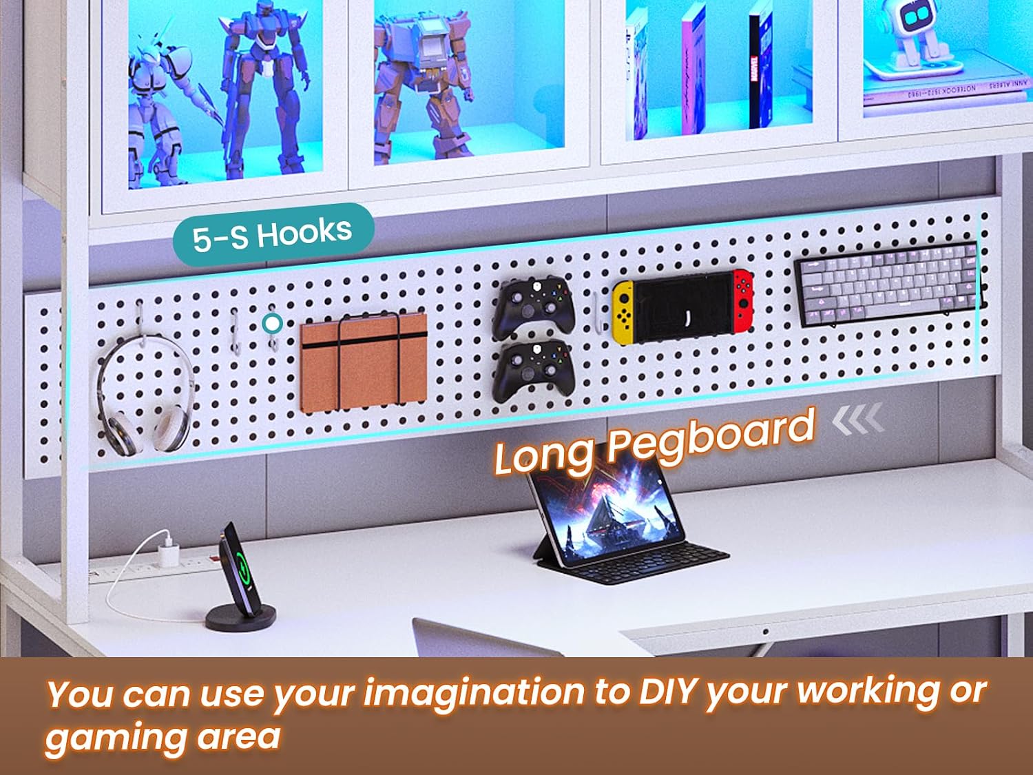 SEDETA L Shaped Gaming Desk with Drawers, L Shaped Computer Desk with Hutch and Storage Shelves, Gaming Desk with Pegboard, Led Lights, and Power Outlet, Home Office Desk, Corner Desk, White