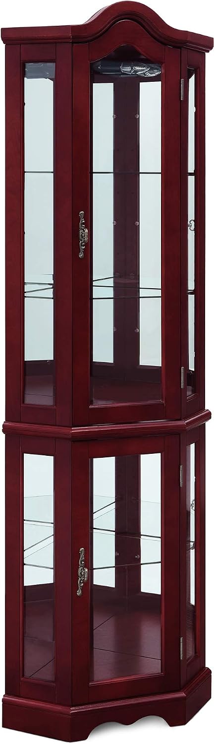 BELLEZE Lighted Corner Display Curved Top Curio Cabinet Wooden Shelving Unit with Tempered Glass Door, Bar and Liquor Storage Area with 5 Shelves - Loraine (Cherry)