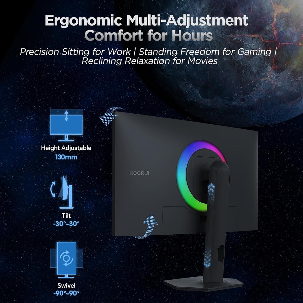 KOORUI 27' 4K QD-Mini LED Gaming Monitor - Dual-Mode (UHD 160Hz or FHD 320Hz), 1ms, 99% Adobe RGB, HDR1400, 90W USB-C, HDMI 2.1/DP1.4, VESA, Tilt Height Swivel Vertical Adjustment, Black, S2741LM