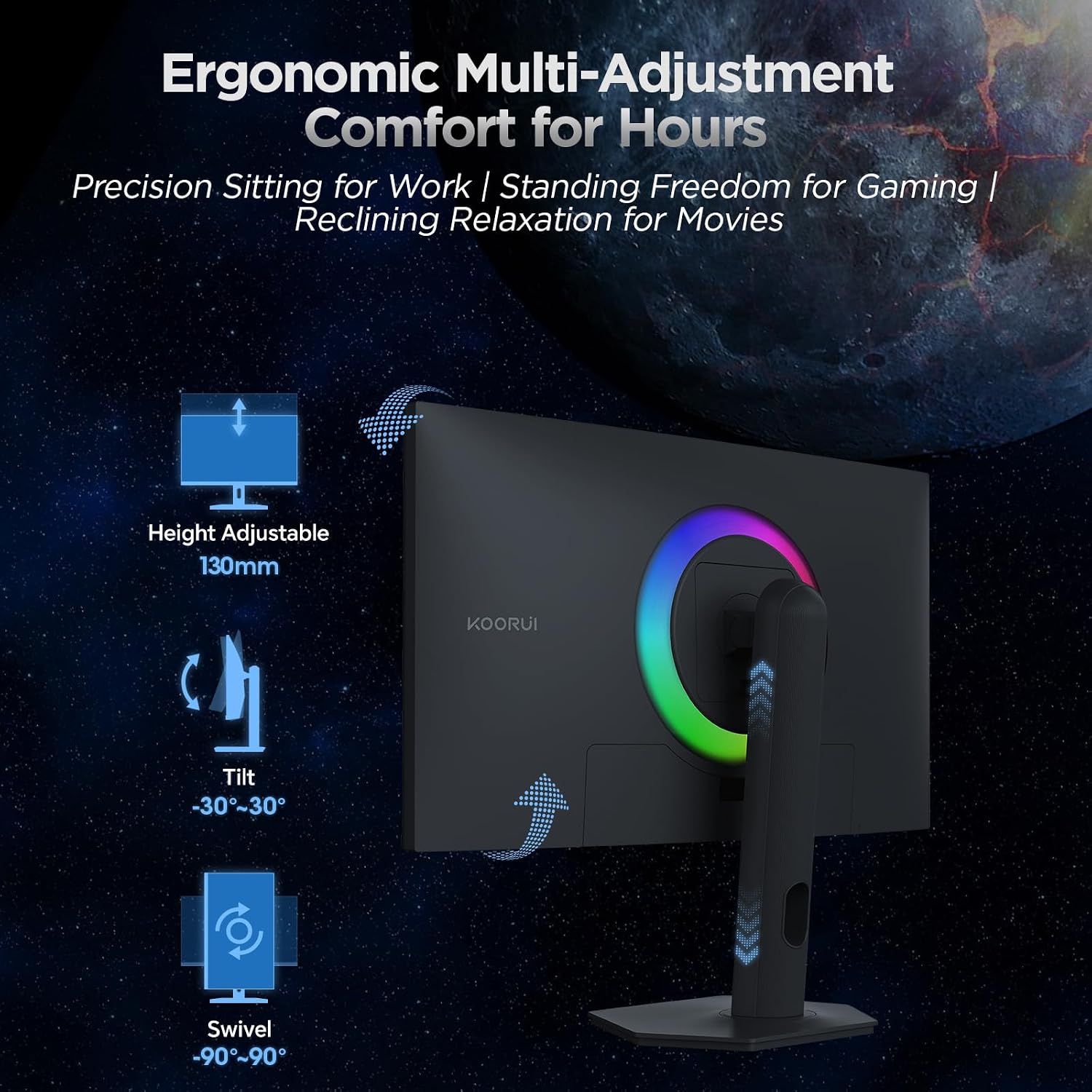 KOORUI 27' 4K QD-Mini LED Gaming Monitor - Dual-Mode (UHD 160Hz or FHD 320Hz), 1ms, 99% Adobe RGB, HDR1400, 90W USB-C, HDMI 2.1/DP1.4, VESA, Tilt Height Swivel Vertical Adjustment, Black, S2741LM