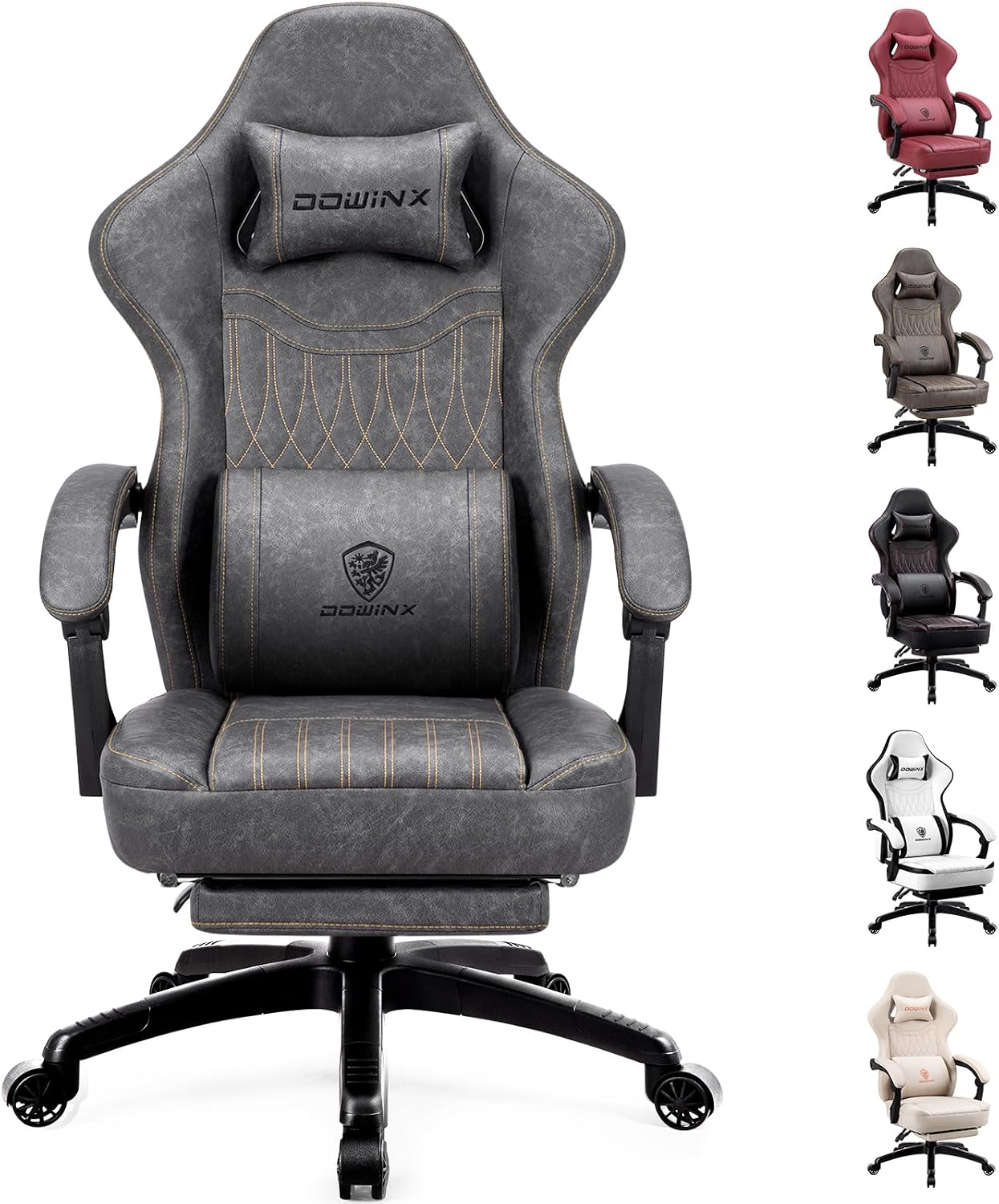 Dowinx Gaming Chair Breathable PU Leather Gamer Chair with Footrest Massage Lumbar Support, Big and Tall Ergonomic Reclining Computer Chair with Pocket Spring Cushion for Adults Teens (Grey)