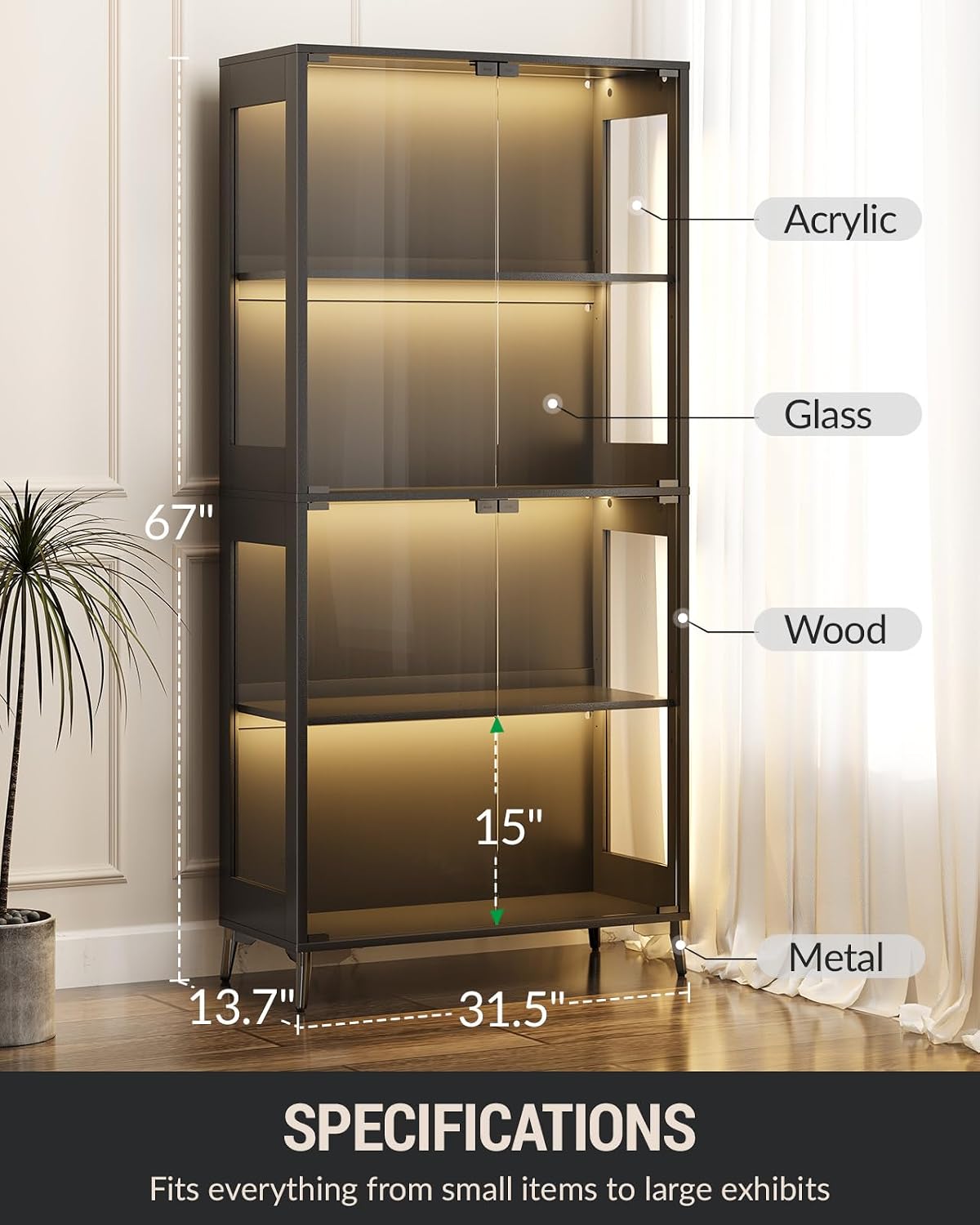 Glass Display Cabinet with Doors, 4-Tier Display Case with Adjustable Shelves, RGB LED Lights with App & Remote Control, Curio Storage Cabinet with Metal Base for Collectibles, Books, Black