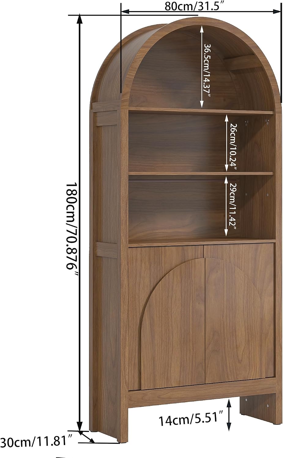 Mid Century Arched Display Cabinet with Doors, 5 Tier Tall Display Case, 71 Inch Storage Cabinet, Large Arch Bookcase, Wooden 5 Shelf Book Shelf, Office, Brown, Walnut